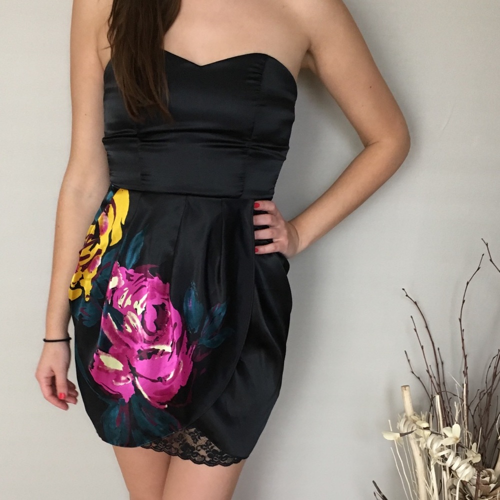 Strapless Floral Black Dress